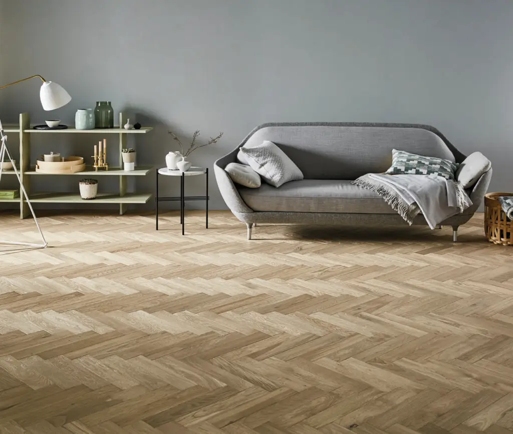 Ted Todd herringbone wood flooring in living room – luxury engineered wood floor from Warehouse Collection