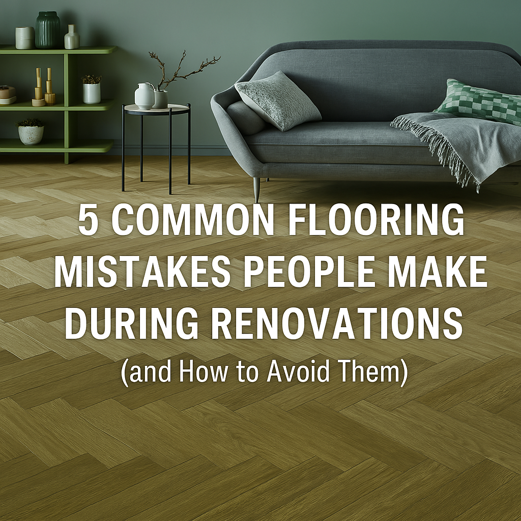 Modern British living room with hardwood flooring and renovation tools, featuring overlaid text about common flooring mistakes.