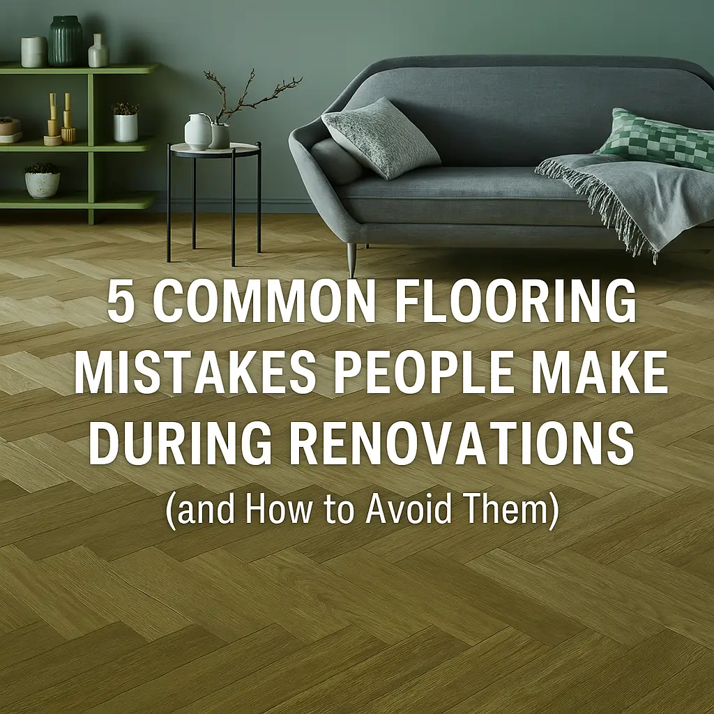 Modern British living room with hardwood flooring and renovation tools, featuring overlaid text about common flooring mistakes.