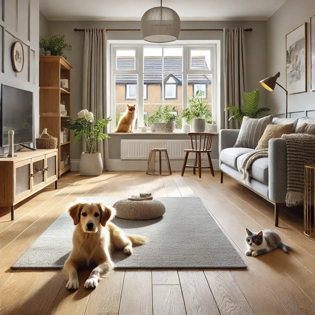 Dog on a rug and cat on a windowsill in a modern British living room with scratch-resistant wood-effect LVT flooring.