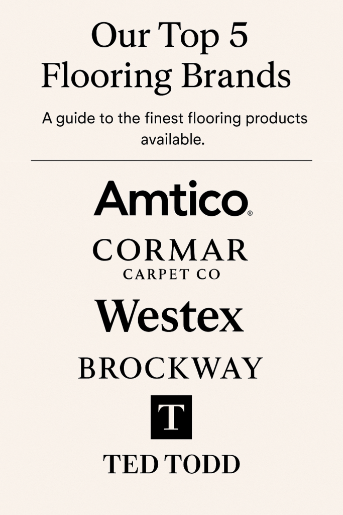 Showroom-style display featuring premium flooring samples from Amtico, Cormar, Westex, Brockway, and Ted Todd.
