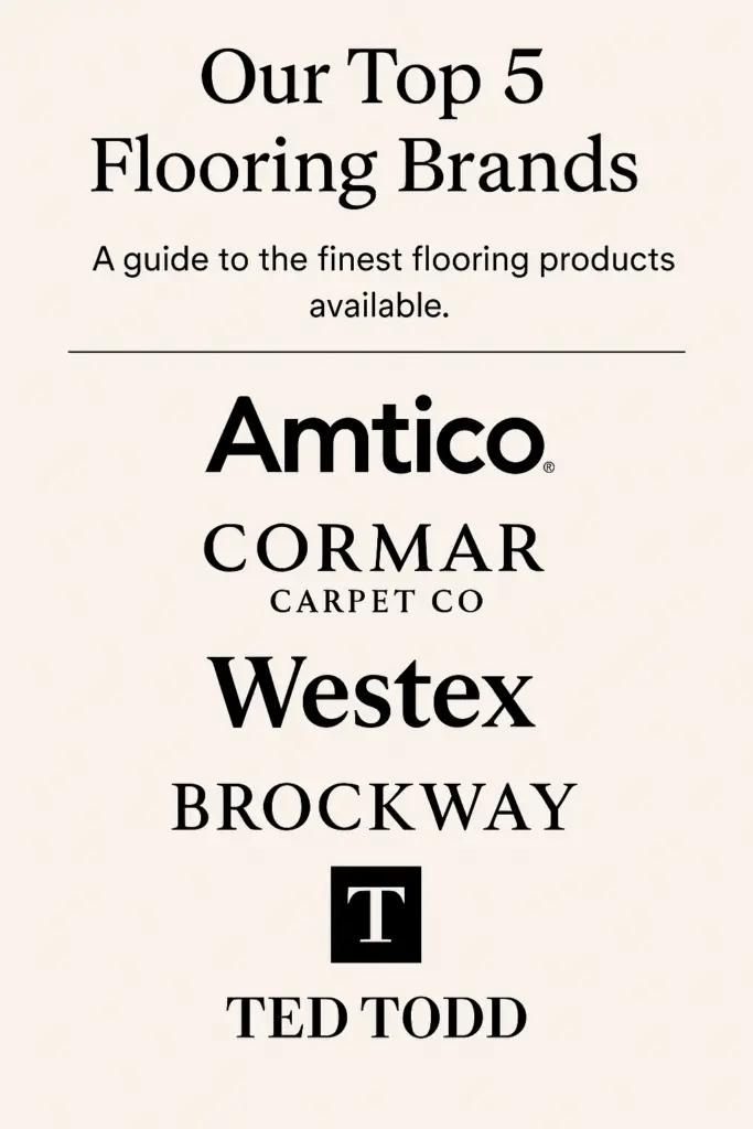 Showroom-style display featuring premium flooring samples from Amtico, Cormar, Westex, Brockway, and Ted Todd.