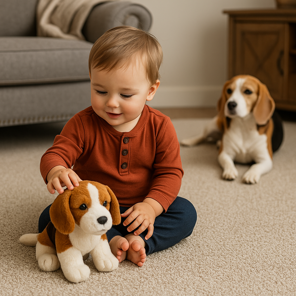 Toddler playing on beige stain-resistant carpet in Ramsbottom family home with a beagle nearby