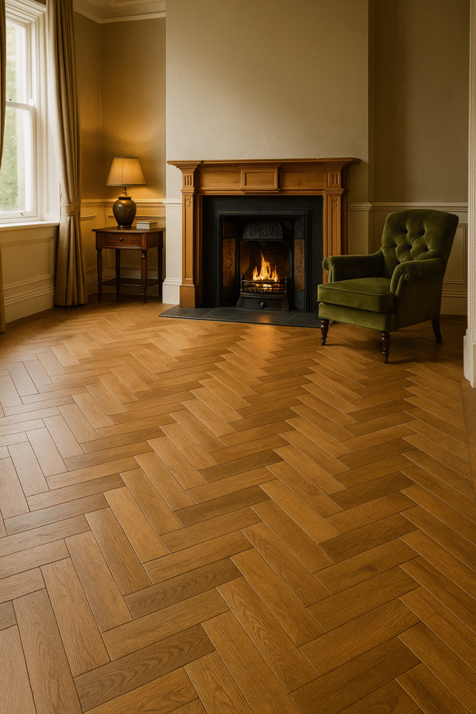 Victorian-style living room with oak herringbone flooring, traditional fireplace, and period skirting in a Ramsbottom home.
