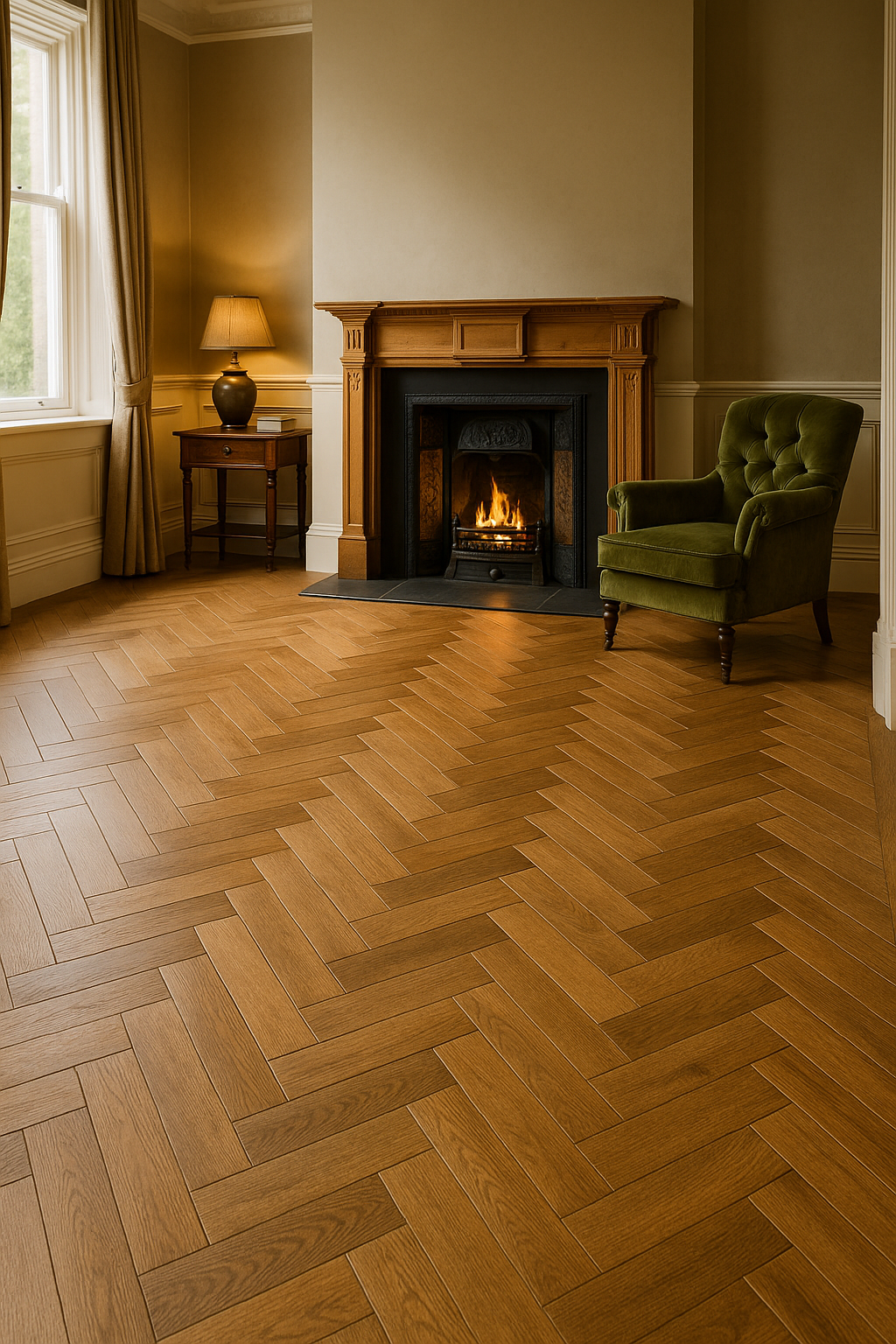 Victorian-style living room with oak herringbone flooring, traditional fireplace, and period skirting in a Ramsbottom home.