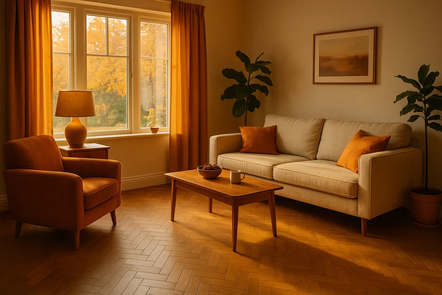 Cosy autumn living room in Ramsbottom with luxury vinyl flooring and soft natural light